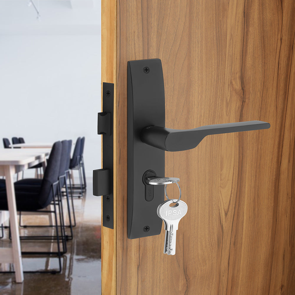 IPSA Orange Iris Handle Series on 8" Plate CYS Lockset with 60mm Both Side Key Cylinder- Black Finish